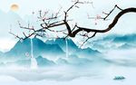 新中式水墨山水手绘花树电视墙