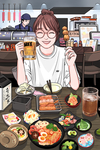 插画手绘吃日料的女孩