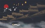 徽派建筑山水画飞鸟电视背景墙