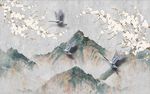 雪山樱花飞鹤浮雕背景墙