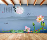 高清荷花九鱼荷塘月色背景墙壁画