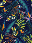 手绘热带植物花鸟服装印花图案