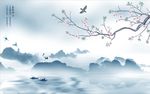 新中式花鸟云雾山水背景墙
