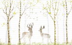 简约3d木板树木小鹿背景墙