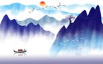 新中式蓝色抽象水墨山水画背景墙