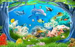 3D海底世界海豚电视背景墙