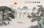 中式流水生财山水电视沙发背景墙