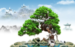 迎客松松树山水背景墙