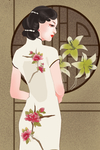 旗袍少女成插画图片