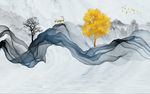 水墨山水发财树电视背景墙
