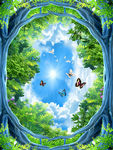 绿色天空树林唯美风景吊顶