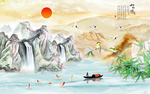 中式高温烧大理石山水背景墙