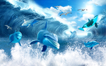 海景海浪海豚立体背景墙