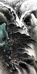 瀑布松树山水水墨画