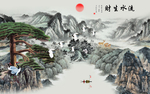 中式迎客松山水流水生财背景墙