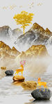 金色山水发财树玄关背景墙