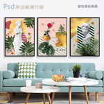 热带植物立体几何雕像三联装饰画