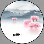 新中式抽象水墨山水圆形装饰画