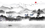 新中式山水麋鹿装饰画背景墙