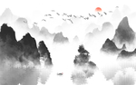 新中式旭日山水水墨画