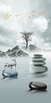 水墨山水抽象树玄关背景墙