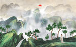 高山迷雾诗人远眺禅意背景墙