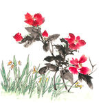 红花与水仙水墨画免抠素材