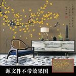 手绘银杏花鸟背景墙