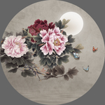 新中式手绘牡丹花鸟圆形装饰画