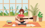 午后短发少女的吉他演奏插图