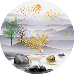 新中式麋鹿山水圆形晶瓷画装饰画