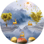 新中式麋鹿山水圆形晶瓷画装饰画