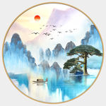新中式圆形水墨山水装饰画