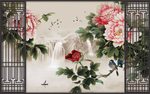 牡丹花山水画背景墙
