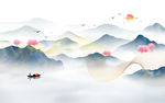 水墨山水发财树电视背景墙