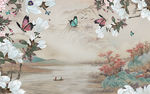 中式玉兰花山水画电视背景墙