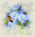 水彩蜜蜂嬉花艺术画