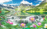流水生财瀑布荷花鸽子背景墙