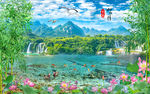 风景画流水生财背景墙