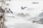 中式水墨山水竹报平安背景墙