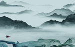 蓝色 山水大气墙画 tif分层
