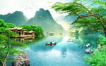 风景画流水生财背景墙