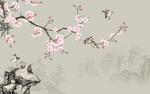 新中式手绘梅花工笔画背景墙