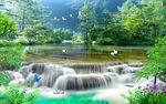 流水生财山水风景画背景墙