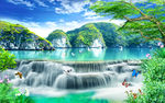 流水绿色瀑布电视背景墙装饰画