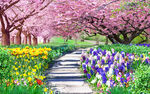 樱花树林花园小路风景画背景墙