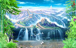 万里长城流水生财风景画电视背景