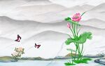 蝴蝶荷花新中式山水背景墙