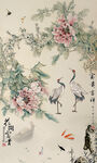 中国风古典牡丹仙鹤屏风装饰画
