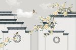 中式微派屋檐工笔花鸟客厅背景墙